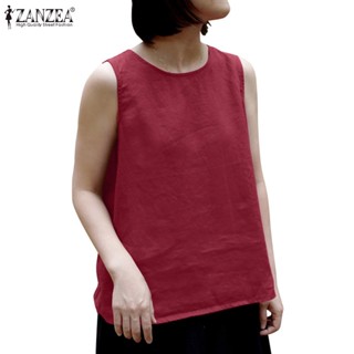 Zanzea ผู้หญิง เกาหลี คอกลม แขนกุด ผ้าฝ้าย ลินิน สีพื้น