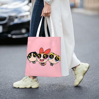 กระเป๋าช้อปปิ้ง ผ้าแคนวาส ทรงโท้ท ลาย Powerpuff Girls สําหรับผู้หญิง