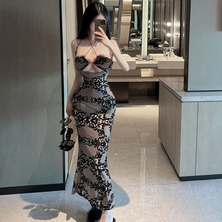ชุดเดรสกระโปรงยาว ผ้าโปร่ง ซีทรู พิมพ์ลาย สไตล์ไนท์คลับ สําหรับสตรี
