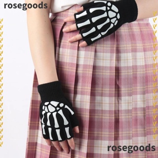 Rosegoods1 ถุงมือถักนิตติ้ง ถุงมือครึ่งนิ้ว พิมพ์ลายฮาโลวีน กันลื่น ให้ความอบอุ่น สําหรับผู้ชาย และผู้หญิง 2 คู่