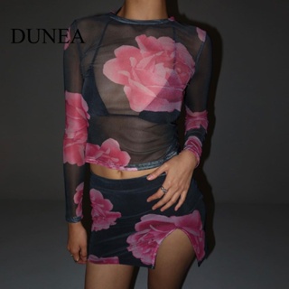 Dunea ชุดสูท เสื้อท็อป แขนยาว ผ้าตาข่าย พิมพ์ลาย เซ็กซี่ สําหรับผู้หญิง HCHY