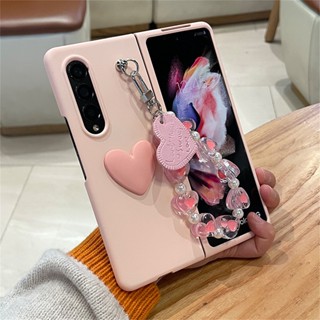 เคสโทรศัพท์มือถือ กันกระแทก ลายหัวใจ 3D พร้อมสายคล้อง สีชมพู เรียบง่าย หรูหรา สไตล์เกาหลี สําหรับ Samsung Galaxy Z Fold4 5G Z Fold 5 Fold5 Fold3