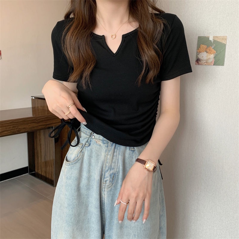 เสื้อยืดแขนสั้น คอวี แบบเข้ารูป เรียบง่าย คุณภาพสูง สําหรับผู้หญิง และนักเรียน