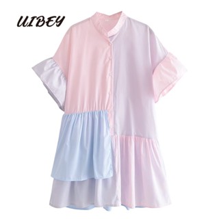 Uibey ชุดเดรส คอปกตั้ง จับคู่สี 23076