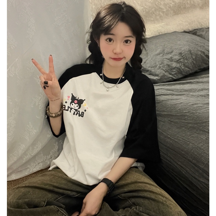 【Polyester】เสื้อยืดคอกลม แขนสั้น พิมพ์ลายการ์ตูนคุโรมิ ทรงหลวม แฟชั่นฤดูร้อน สําหรับผู้หญิง