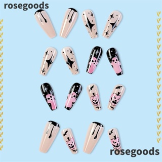 Rosegoods1 เล็บปลอม ลายฟักทองฮาโลวีน ถอดออกได้ ยาว 24 ชิ้น