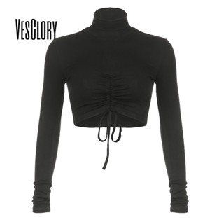 Vesglory เสื้อครอปท็อปลําลอง แขนยาว คอสูง ทรงสลิมฟิต สีพื้น แฟชั่นสําหรับสตรี 2023