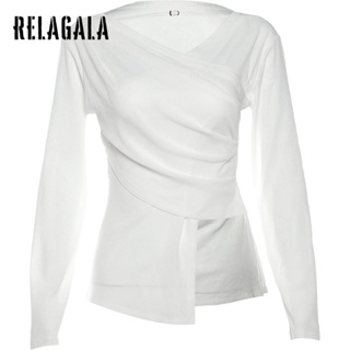 Relagala ใหม่ เสื้อยืดลําลอง แขนยาว คอวี จับจีบ สีพื้น แฟชั่นสําหรับสตรี 2023