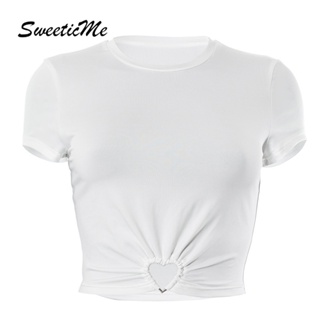 Sweeticme ใหม่ เสื้อยืดลําลอง แขนสั้น คอกลม สีพื้น แฟชั่นสําหรับสตรี 2023