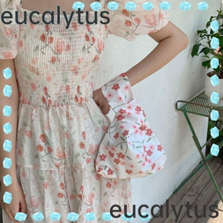 Eucalytus1 กระเป๋าใส่เหรียญ กระเป๋าถือ ผ้าฝ้าย ลายดอกไม้ ความจุสูง แฮนด์เมด สําหรับผู้หญิง