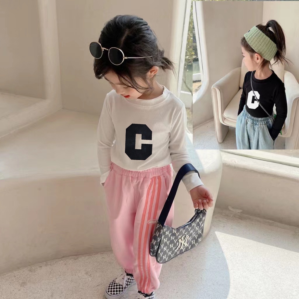 [ML] เสื้อยืดลําลอง แขนยาว ทรงตัว C สไตล์เกาหลี เหมาะกับฤดูใบไม้ร่วง สําหรับเด็กผู้หญิง 80-150 ซม.