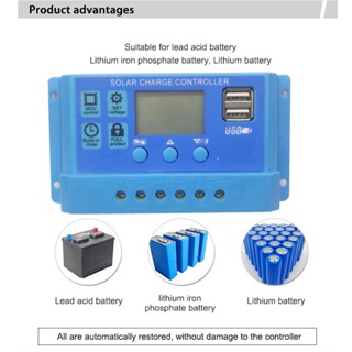  Player kingdom ตัวควบคุมการประจุพลังงานแสงอาทิตย์ PWM MPPT จอแสดงผล LCD พารามิเตอร์ปรับได้ 2 USB ตัวควบคุมการประจุพลังงานแสงอาทิตย์สีน้ำเงิน