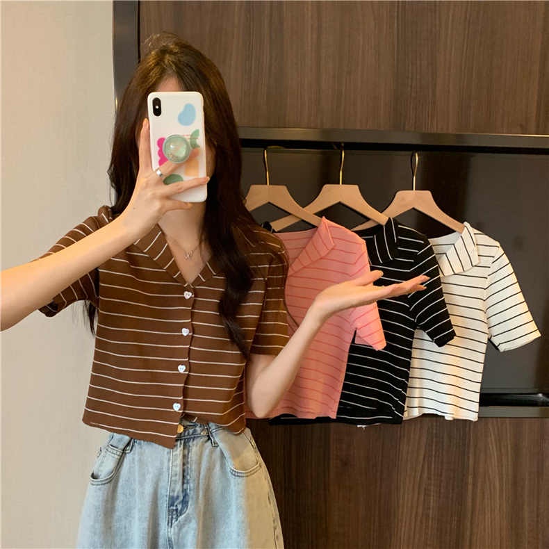 Dahong เสื้อยืดไหมพรม คอวี ไหมพรมลายทาง แฟชั่นสไตล์เกาหลี 91050