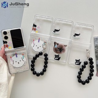 Jusheng เคสโทรศัพท์มือถือ แบบฝาพับ ลายแมวดํา พร้อมสายโซ่คล้อง สามชิ้น แฟชั่น สําหรับ OPPO Find N2