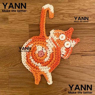 Yann1 ที่รองแก้วถัก แฮนด์เมด ลายแมว สีส้ม ดํา ขาว เทา น้ําตาล 3 ชิ้น