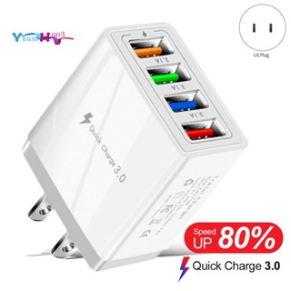 อะแดปเตอร์ชาร์จเร็ว USB 4 ช่อง พร้อมไฟ LED 5V3A Type-C QC3.0 ปลั๊ก US