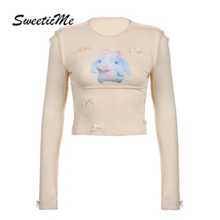 Sweeticme ใหม่ เสื้อยืดลําลอง แขนยาว คอกลม พิมพ์ลายกระต่าย ประดับโบว์ แฟชั่นสําหรับสตรี 2023