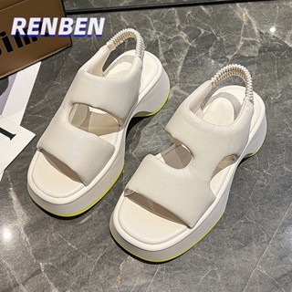 RENBEN ฤดูร้อนใหม่ผ้ายืดหยุ่นด้านล่างแบนหัวตารางเปิดนิ้วเท้าลำลองมัฟฟินรองเท้าแตะชายหาดด้านล่างหนาของผู้หญิงและรองเท้าแตะส้นเตารีด