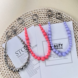 พวงกุญแจเงิน สีชมพู สีม่วง โซ่โทรศัพท์มือถือ ป้องกันการสูญหาย เครื่องปั้นดินเผา แบบนุ่ม สายคล้องเชือกเส้นเล็ก ลูกปัดอะคริลิค ที่มีสีสัน เคสโทรศัพท์มือถือ