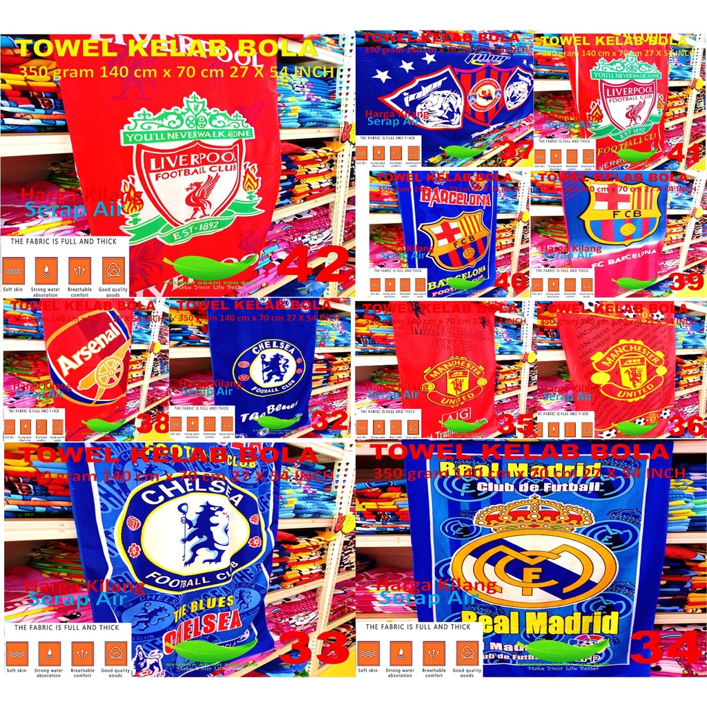Tuala KELAB BOLA CHELSEA LIVERPOOL MAN UTD BARCELONA SERAP AIR SIZE DEWASA 140 X 70 CM (27 X 54 INC) FOOTBALL TOWEL CLUB