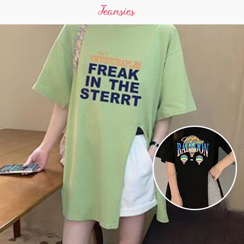 เสื้อยืดผู้หญิงแฟชั่นเกาหลี เสื้อยืดแขนสั้น Oversize ดีไซน์ผ่าข้างเก๋ๆ เนื้อผ้านุ่ม ใส่สบาย