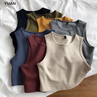 Yuan เสื้อครอปท็อป คอกลม แขนกุด สีพื้น สไตล์เรโทร แฟชั่นฤดูร้อน สําหรับผู้หญิง