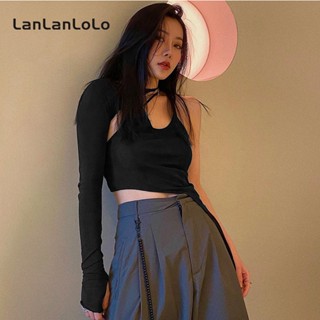 Lanlanlolo เสื้อกล้าม แขนยาว ผูกเชือก สีพื้น สําหรับผู้หญิง 2023