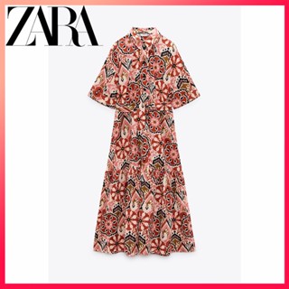 Zara ใหม่ ชุดเดรส พิมพ์ลาย พร้อมเข็มขัด สําหรับผู้หญิง