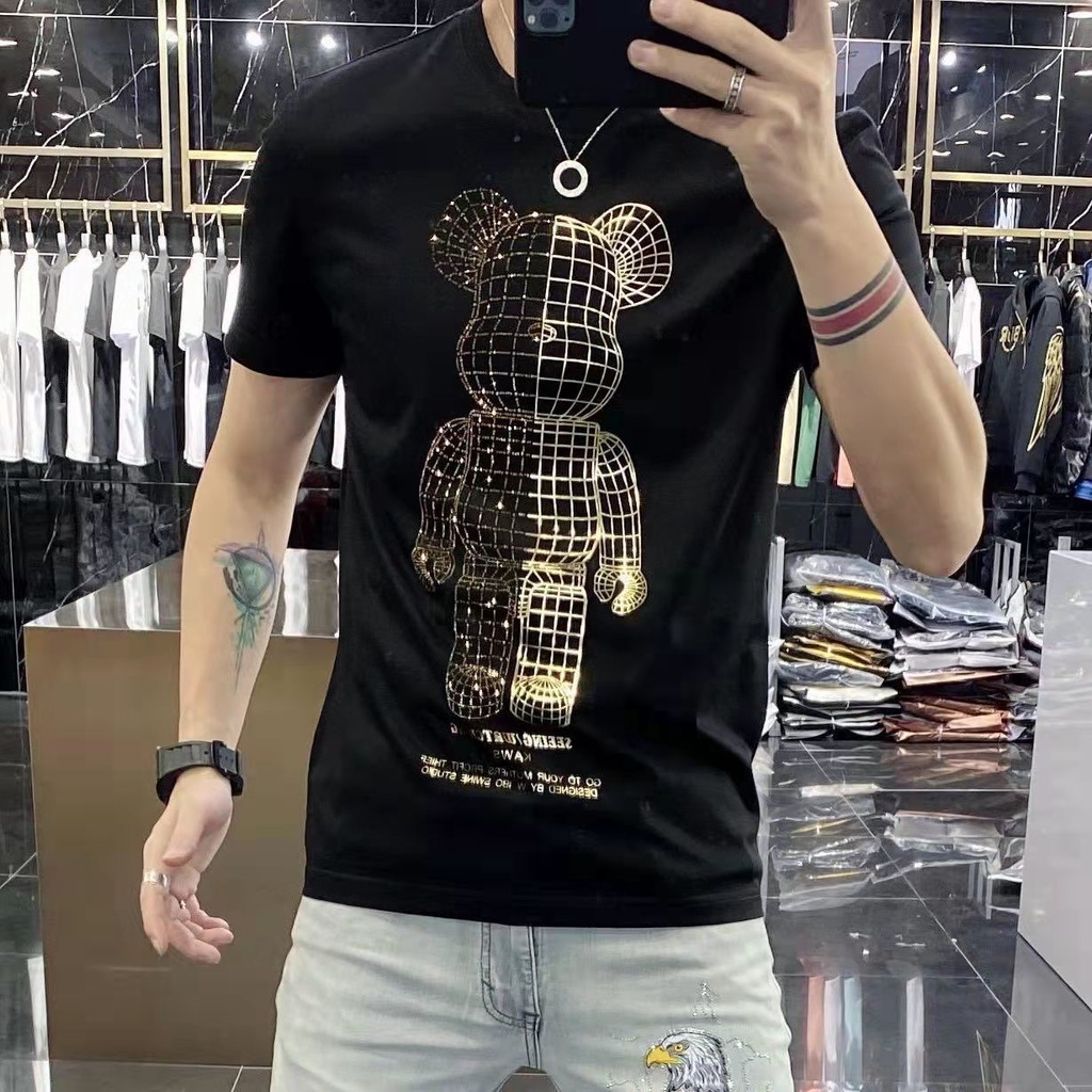 เสื้อยืดผู้ชายแขนสั้น Hot Diamond Sequins Violent Half Bear เวอร์ชั่นเกาหลี Breathable Pure Cotton Boy
