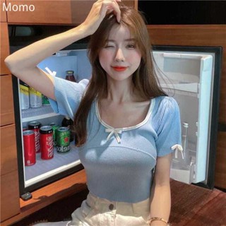 momo~เสื้อยืดแขนสั้น เสื้อกันหนาวไหมพรมน้ำแข็ง โบว์สีฟ้าสั้นด้านบน MQ068