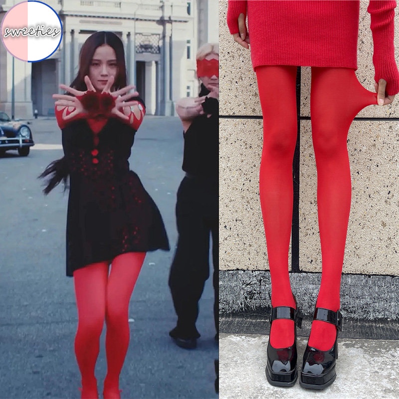 Jisoo SOLO FLOWER ME ถุงเท้าเลกกิ้ง ผ้าไหม สีแดง