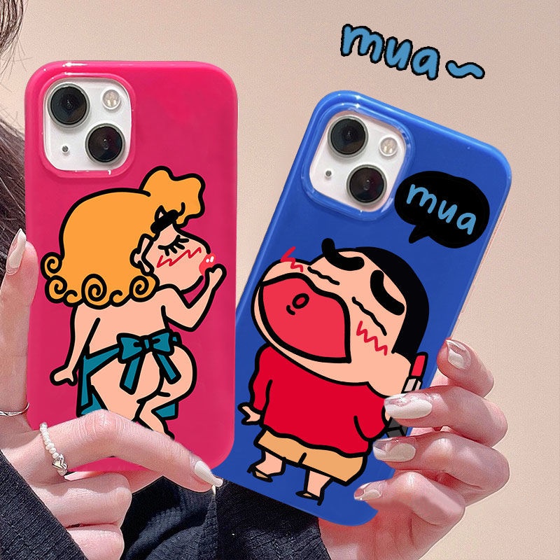 เคสโทรศัพท์มือถือคู่รัก แบบนิ่ม ลายการ์ตูนชินจังน่ารัก แนวตลก สีแดง น้ําเงิน สําหรับ Iphone 14pro 14promax 13 13pro 13promax 11 12 12pro 12promax XR XSMAX 7P 8P MINI