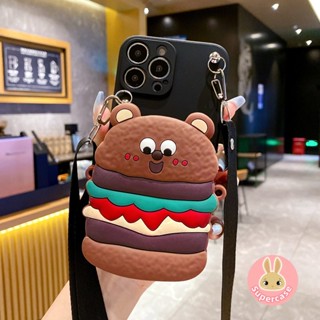 เคสโทรศัพท์มือถือ ซิลิโคนนิ่ม TPU พร้อมสายคล้อง และกระเป๋าสตางค์ มีซิป ลายหมีแฮมเบอร์เกอร์ สําหรับ Samsung Galaxy A14 5G A04 M33 A13 5G A13 4G