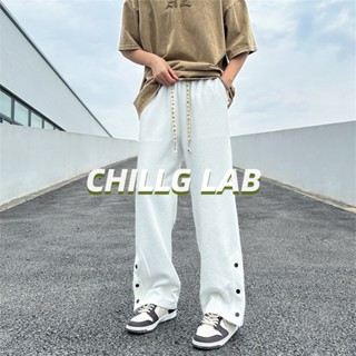 CHILLG LAB แยกและหน้าอกหย่อนผู้ชายฤดูใบไม้ผลิท่าเรือสไตล์ ins หลวมอเนกประสงค์ขาตรงแนวโน้มสีทึบขากว้างกางเกงขายาว