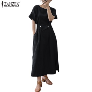Zanzea ชุดเดรส คอกลม แขนสั้น ผ่าข้าง พร้อมกระเป๋าด้านข้าง สําหรับผู้หญิง