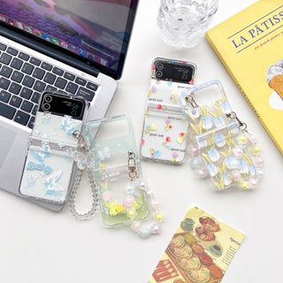 เคสโทรศัพท์มือถือ PC แข็ง กันกระแทก ลายผีเสื้อน่ารัก พร้อมสายโซ่คล้อง สําหรับ Samsung Galaxy Z Flip 4 5G 3in1 Z Flip 3