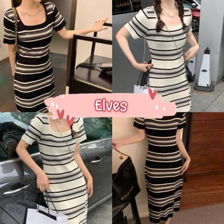 Elves✨พร้อมส่ง✨ ชุดเดรสไหมพรมแขนสั้นคอกลม กระโปรงยาวสุดๆลายทาง ~M0528~ -C