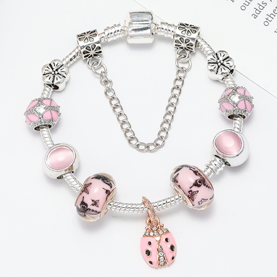 Dinglly สร้อยข้อมือ ประดับลูกปัด สีชมพู ลายดอกไม้ แมลงเต่าทอง หัวใจ สีเงิน สําหรับผู้หญิง DIY