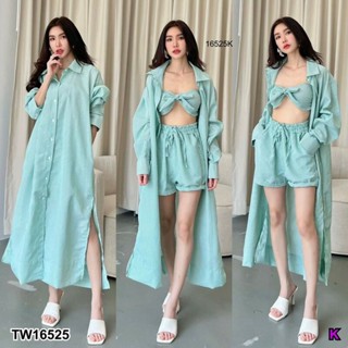 ลดทั้งร้าน 💗พร้อมส่ง  Set เสื้อเชิ้ตแขนยาว + ผ้าผูกอก + กางเกงขาสั้น   เสื้อผ้าสาวอวบ ชุดเซ็ต ชุดทำงาน ชุดออกงาน ไปทะเล