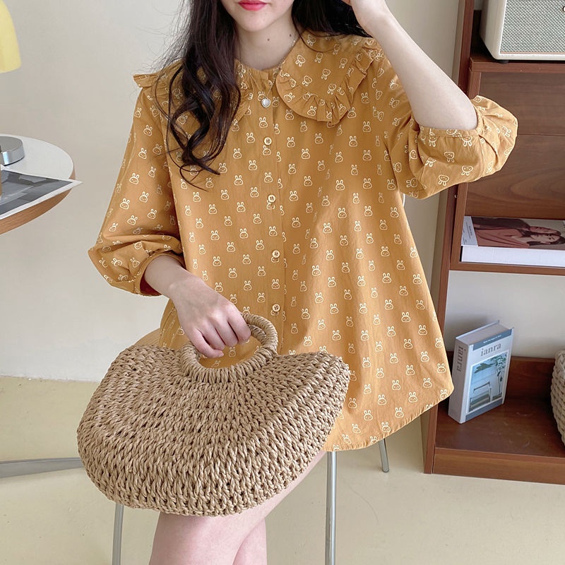 เสื้อเบลาส์ คอตุ๊กตา แขน 74 ลายดอกไม้ สไตล์เกาหลี สําหรับผู้หญิง