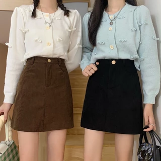 พร้อมส่ง กระโปรงสั้น ทรงเอ ผ้าลูกฟูก มีซับใน แฟชั่นสไตล์ มินิมอล