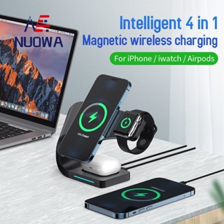 Nuowa 4 In 1 แท่นชาร์จแม่เหล็กไร้สาย 15W USB ชาร์จเร็ว ฐานชาร์จไร้สายอัจฉริยะ จอแสดงผล LED เหมาะสําหรับโทรศัพท์ หูฟัง นาฬิกา