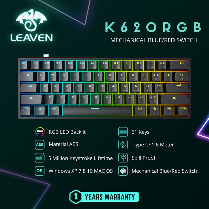 Lavaven K620 61 Keys Outemu Switch RGB Mechanical Gaming Keyboard - Black, Red Switch