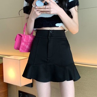 พร้อมส่งจากไทย กระโปรงผู้หญิง oversize มีกางเกงซับในกันโบ๊ สไตล์วิทยาลัย ชุดกระโปรงสั้นสีดำเอวสูงขนาดใหญ่ขอบใบบัว