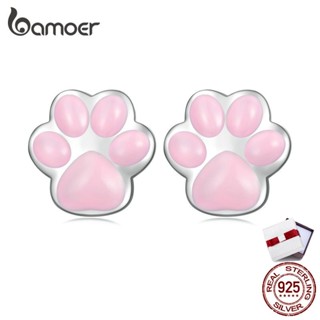 Bamoer Cute 925 Silver Pink and Black Cats Paw ต่างหูสําหรับผู้หญิง
