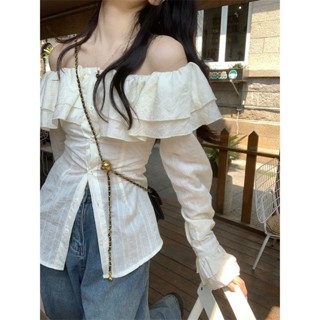 เสื้อเชิ้ต ผ้าชีฟอง เปิดไหล่ข้างเดียว เข้ารูป เอวแคบ แต่งระบาย สไตล์เกาหลี แฟชั่นฤดูร้อน สําหรับผู้หญิง