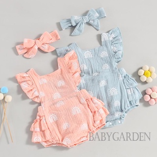 Babygarden-0-24 เดือน ชุดรอมเปอร์ บอดี้สูท แขนบิน พิมพ์ลายสายรุ้ง ผูกเชือก เปิดหลัง + ที่คาดผม สําหรับเด็กผู้หญิง