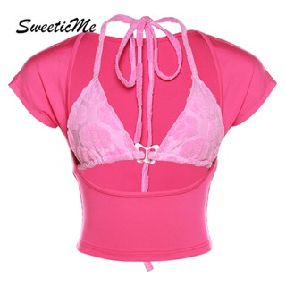 Sweeticme เสื้อยืดแขนสั้นลําลอง ฉลุลาย เซ็กซี่ สีพื้น แฟชั่นสําหรับสตรี 2023