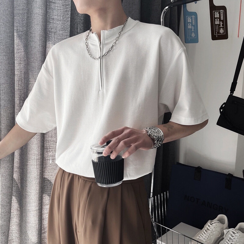 MNO.9 Tshirt T376 เสื้อยืดผู้ชาย คอกลมมีซิป ผ้า Cotton 100% แฟชั่นเกาหลี