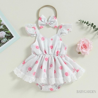 Babygarden-0-24 เดือน ชุดรอมเปอร์ลําลอง แขนบิน สีขาว พิมพ์ลายดอกไม้ พร้อมที่คาดผม ประดับโบว์ แฟชั่นฤดูร้อน สําหรับเด็กผู้หญิง